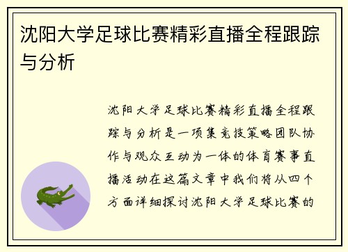 沈阳大学足球比赛精彩直播全程跟踪与分析